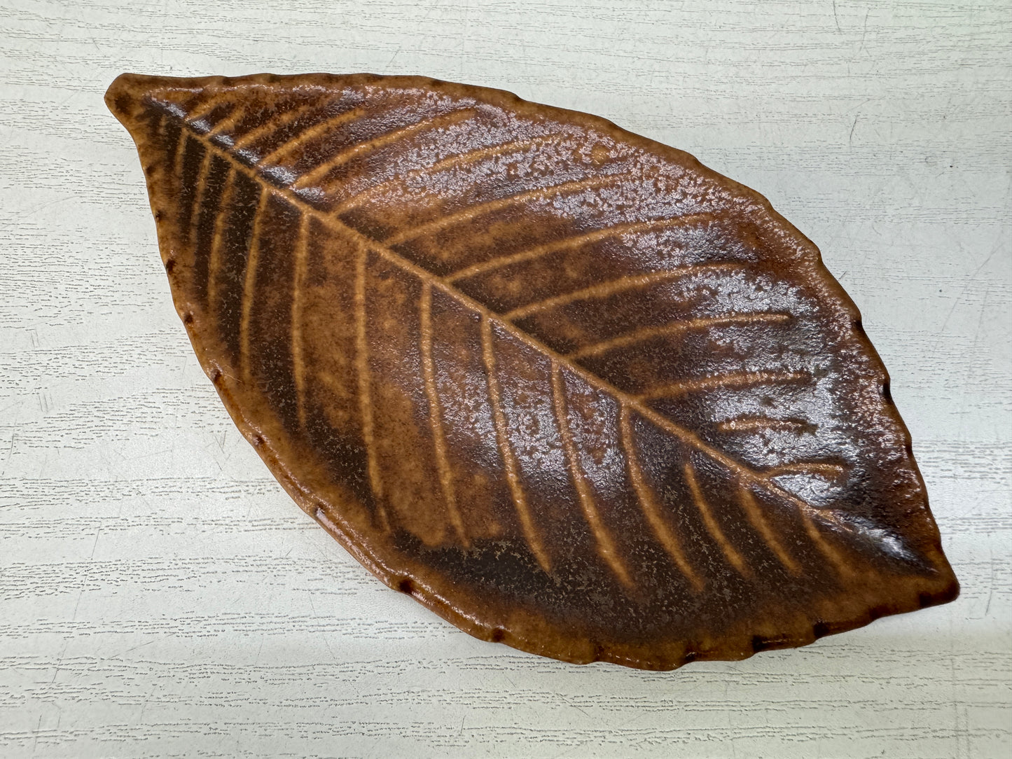Y10840 DISH Seto-ware leaf-shaped plate set of 5 signed box Japan antique