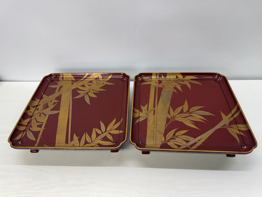 Y10855 TRAY Vermilion-lacquered Ozen Gold bamboo Makie Japan antique dining