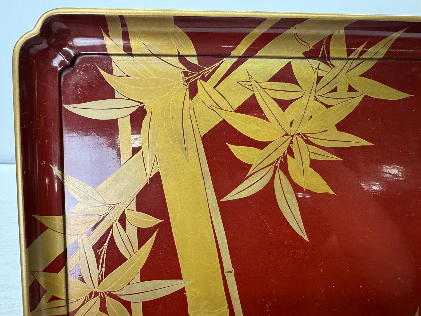 Y10855 TRAY Vermilion-lacquered Ozen Gold bamboo Makie Japan antique dining