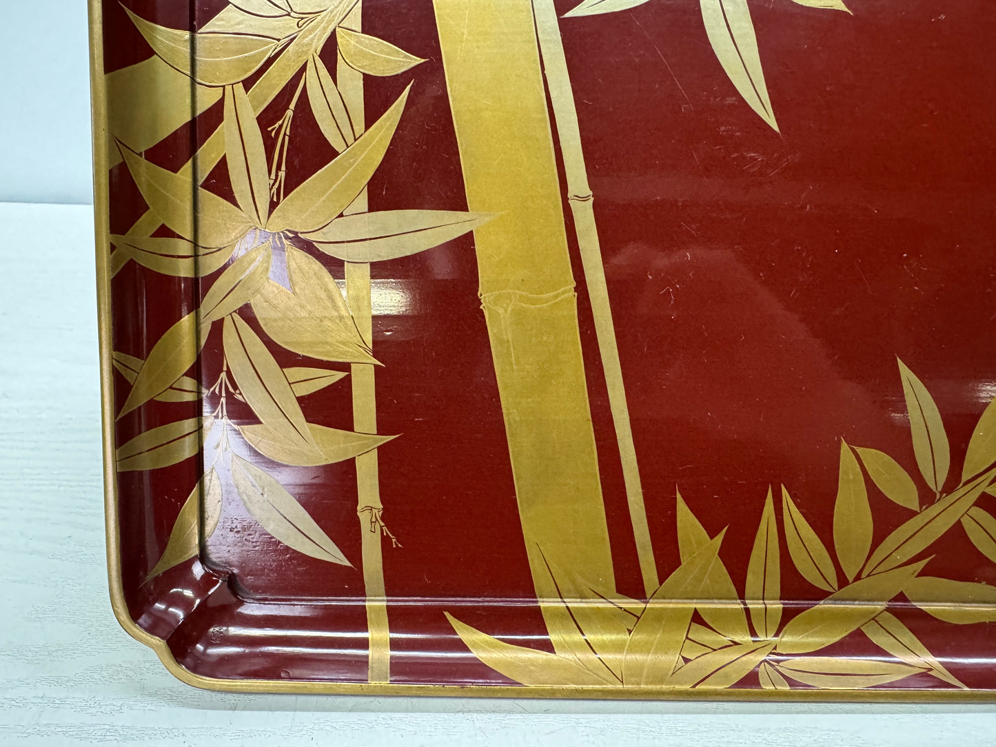 Y10855 TRAY Vermilion-lacquered Ozen Gold bamboo Makie Japan antique dining