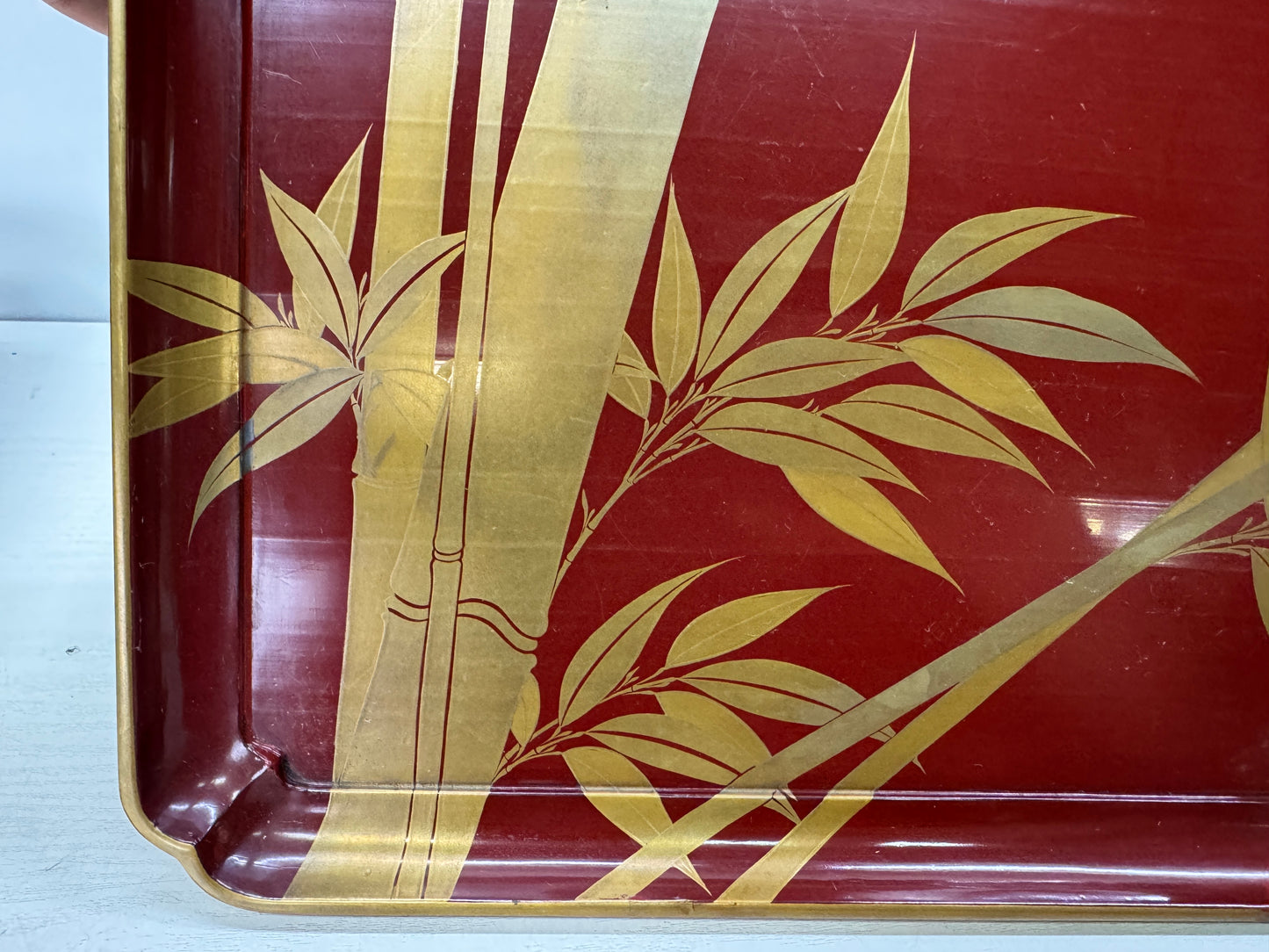 Y10855 TRAY Vermilion-lacquered Ozen Gold bamboo Makie Japan antique dining
