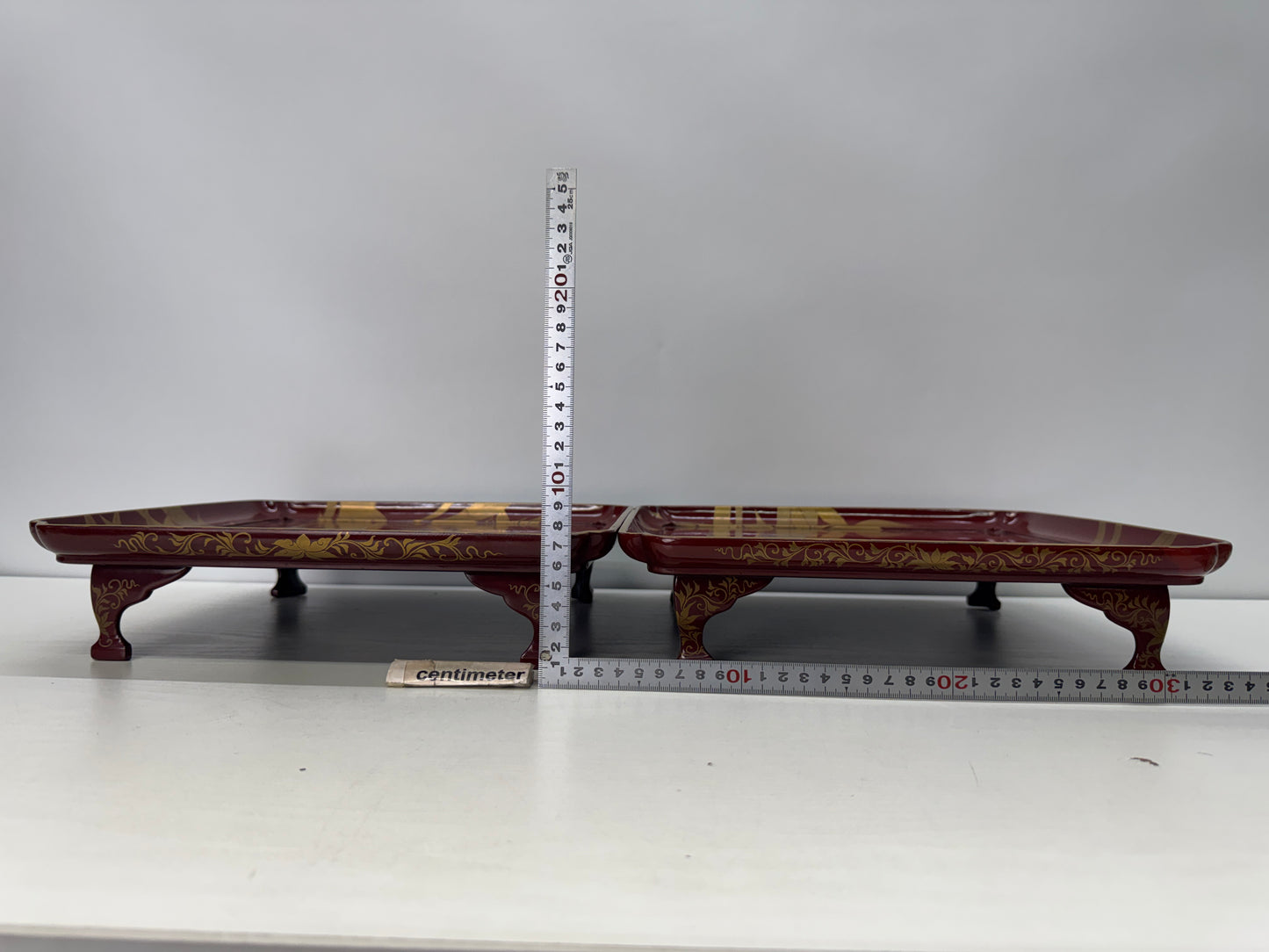 Y10855 TRAY Vermilion-lacquered Ozen Gold bamboo Makie Japan antique dining