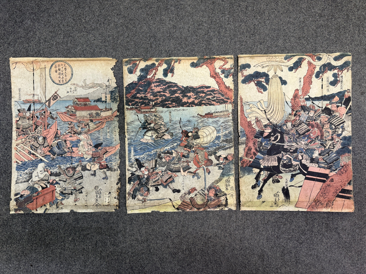 Y10860 WOODBLOCK PRINT Kunisada Warrior Battle scene triptych Japan Ukiyoe art