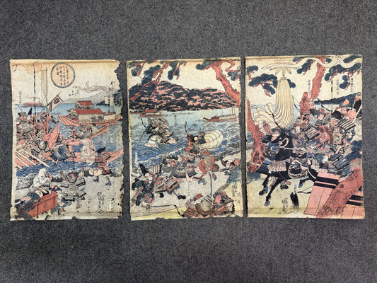 Y10860 WOODBLOCK PRINT Kunisada Warrior Battle scene triptych Japan Ukiyoe art
