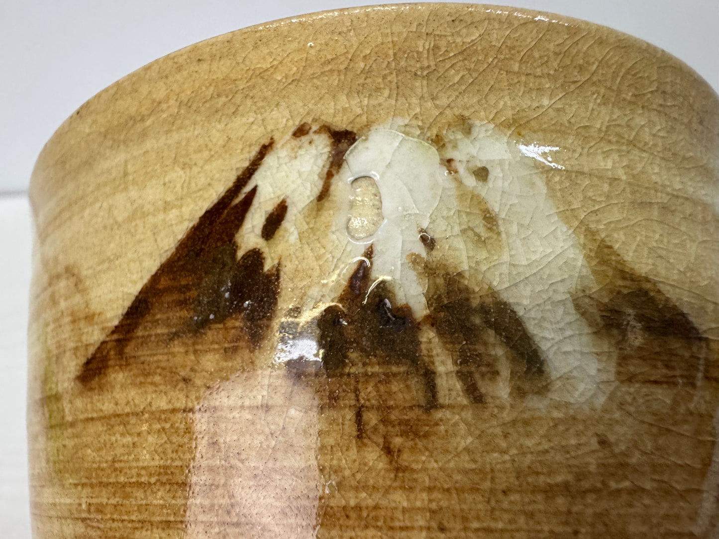 Y10871 CHAWAN Mino-ware bowl signed Mt. Fuji Japan antique tea ceremony pottery