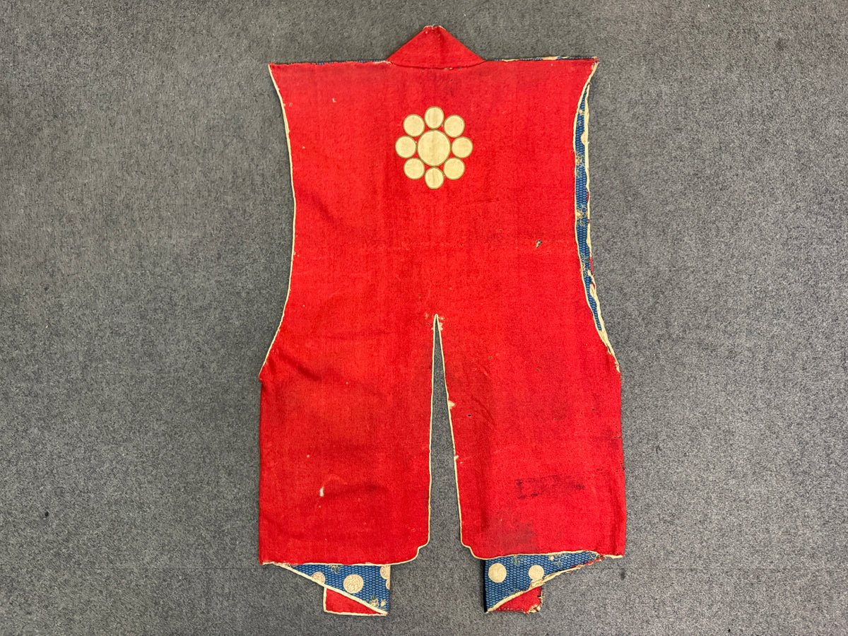 Y10880 JINBAORI Red Embroiderywarrior's vest Family crest Japan antique samurai