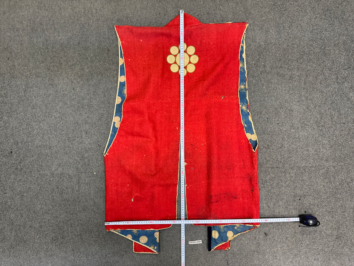 Y10880 JINBAORI Red Embroiderywarrior's vest Family crest Japan antique samurai