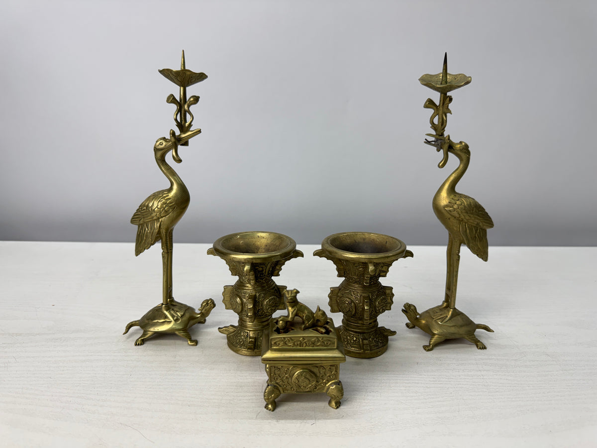 Y10889 Buddhist Altar Equipment Copper 5 implements for worship Japan antique