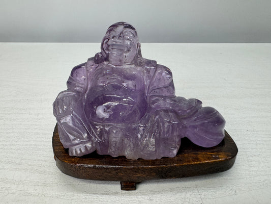 Y10890 STATUE Amethyst Hotei figurine wooden stand Lucky Charm Japan antique