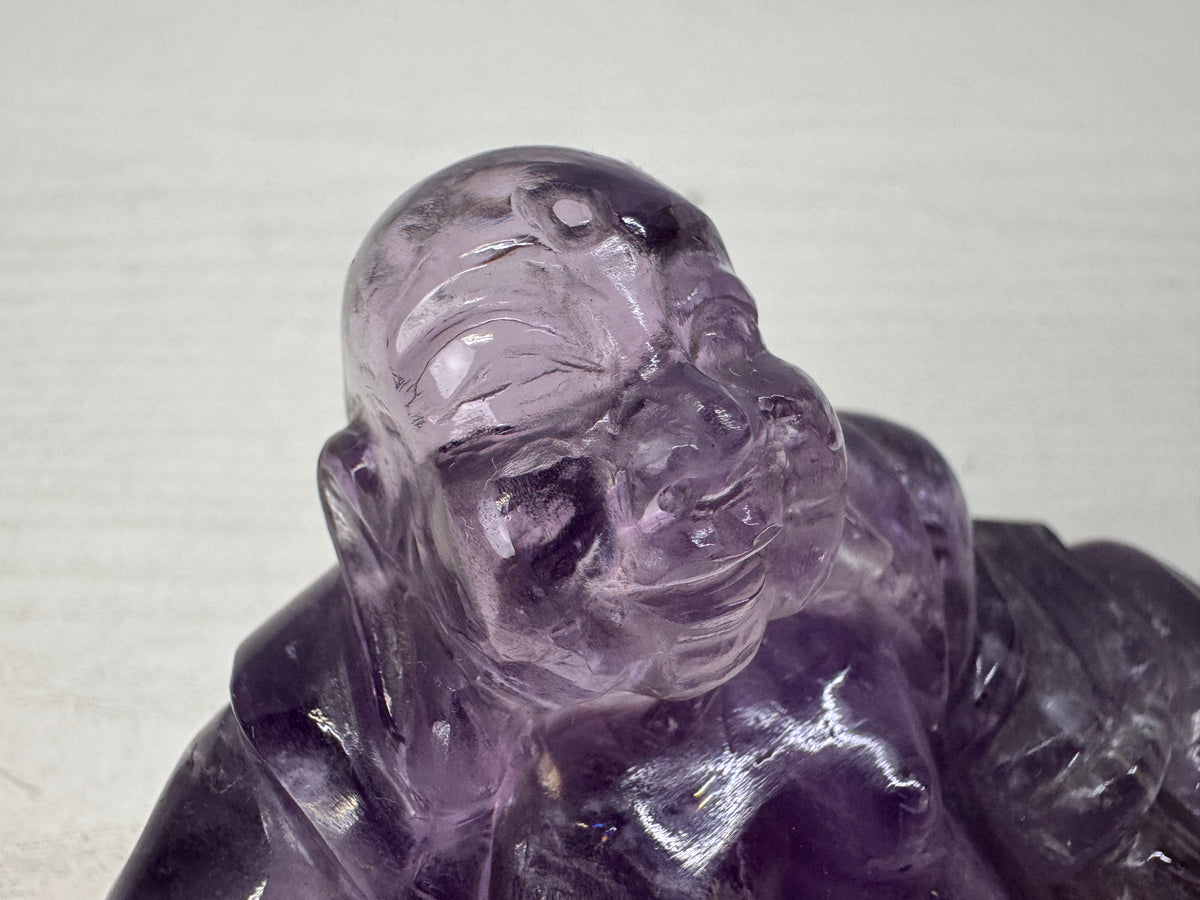 Y10890 STATUE Amethyst Hotei figurine wooden stand Lucky Charm Japan antique