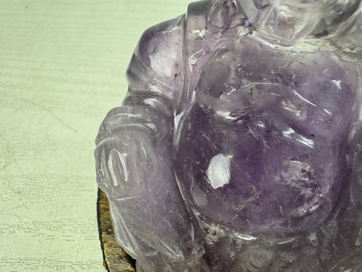 Y10890 STATUE Amethyst Hotei figurine wooden stand Lucky Charm Japan antique