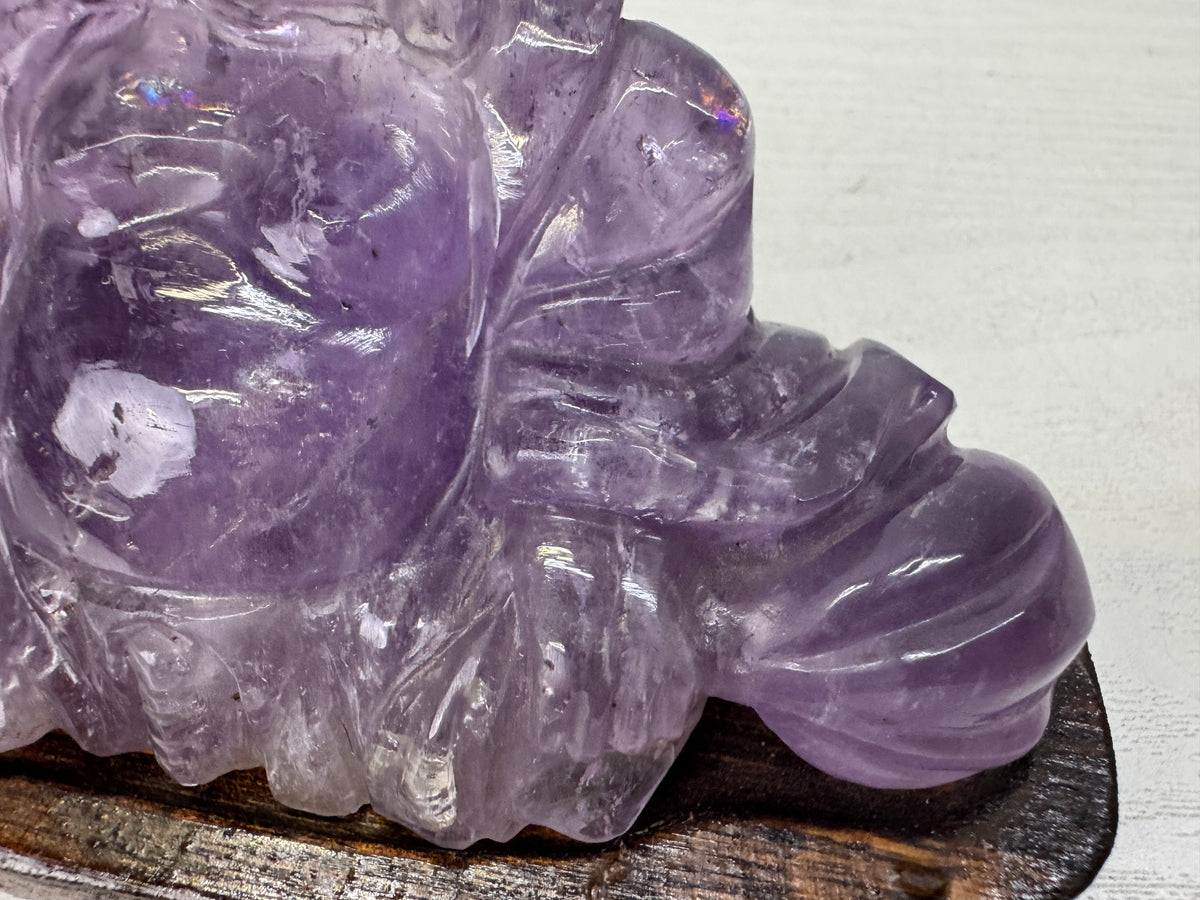 Y10890 STATUE Amethyst Hotei figurine wooden stand Lucky Charm Japan antique