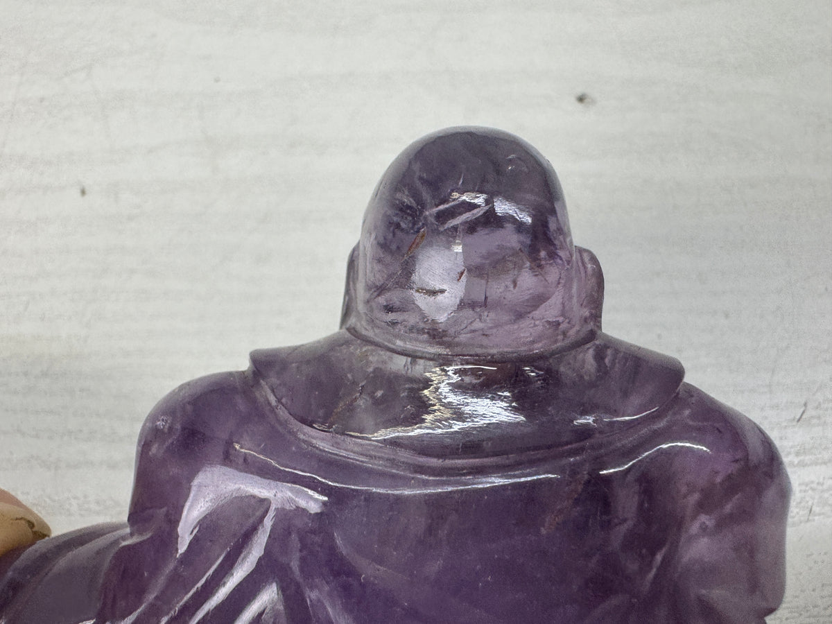 Y10890 STATUE Amethyst Hotei figurine wooden stand Lucky Charm Japan antique