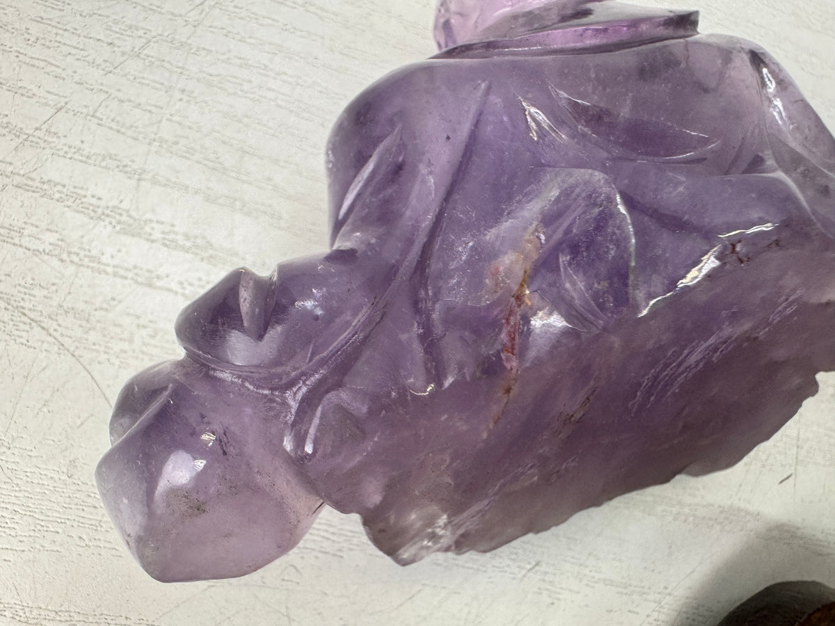 Y10890 STATUE Amethyst Hotei figurine wooden stand Lucky Charm Japan antique