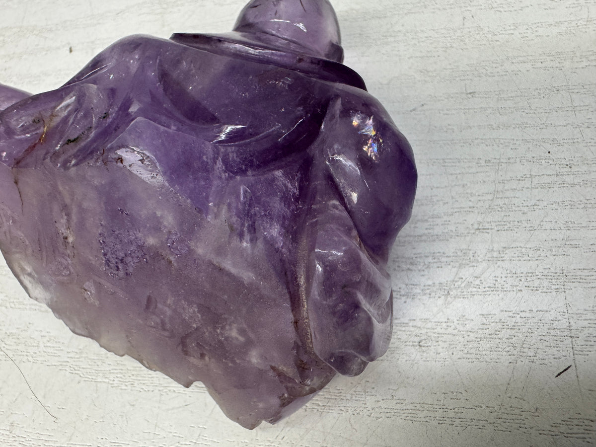 Y10890 STATUE Amethyst Hotei figurine wooden stand Lucky Charm Japan antique