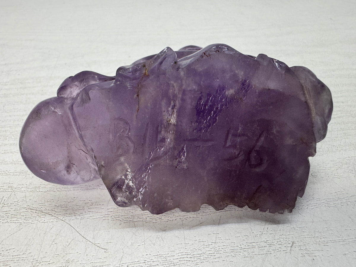 Y10890 STATUE Amethyst Hotei figurine wooden stand Lucky Charm Japan antique