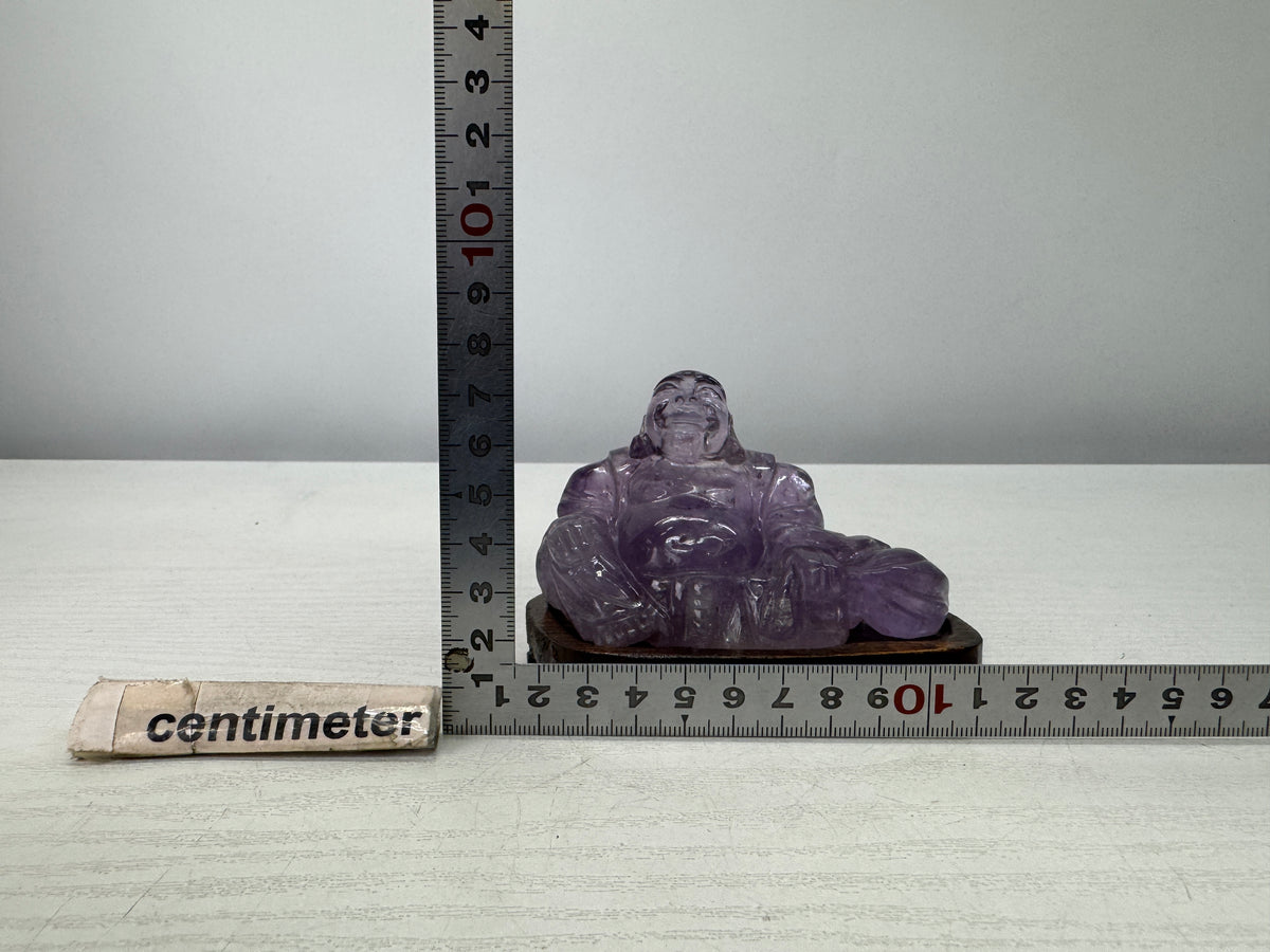 Y10890 STATUE Amethyst Hotei figurine wooden stand Lucky Charm Japan antique