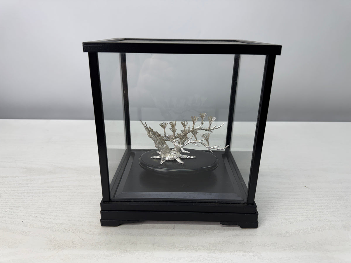 Y10893 OKIMONO Silver Pine tree ornament glass case Japan antique interior decor