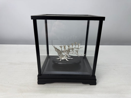 Y10893 OKIMONO Silver Pine tree ornament glass case Japan antique interior decor
