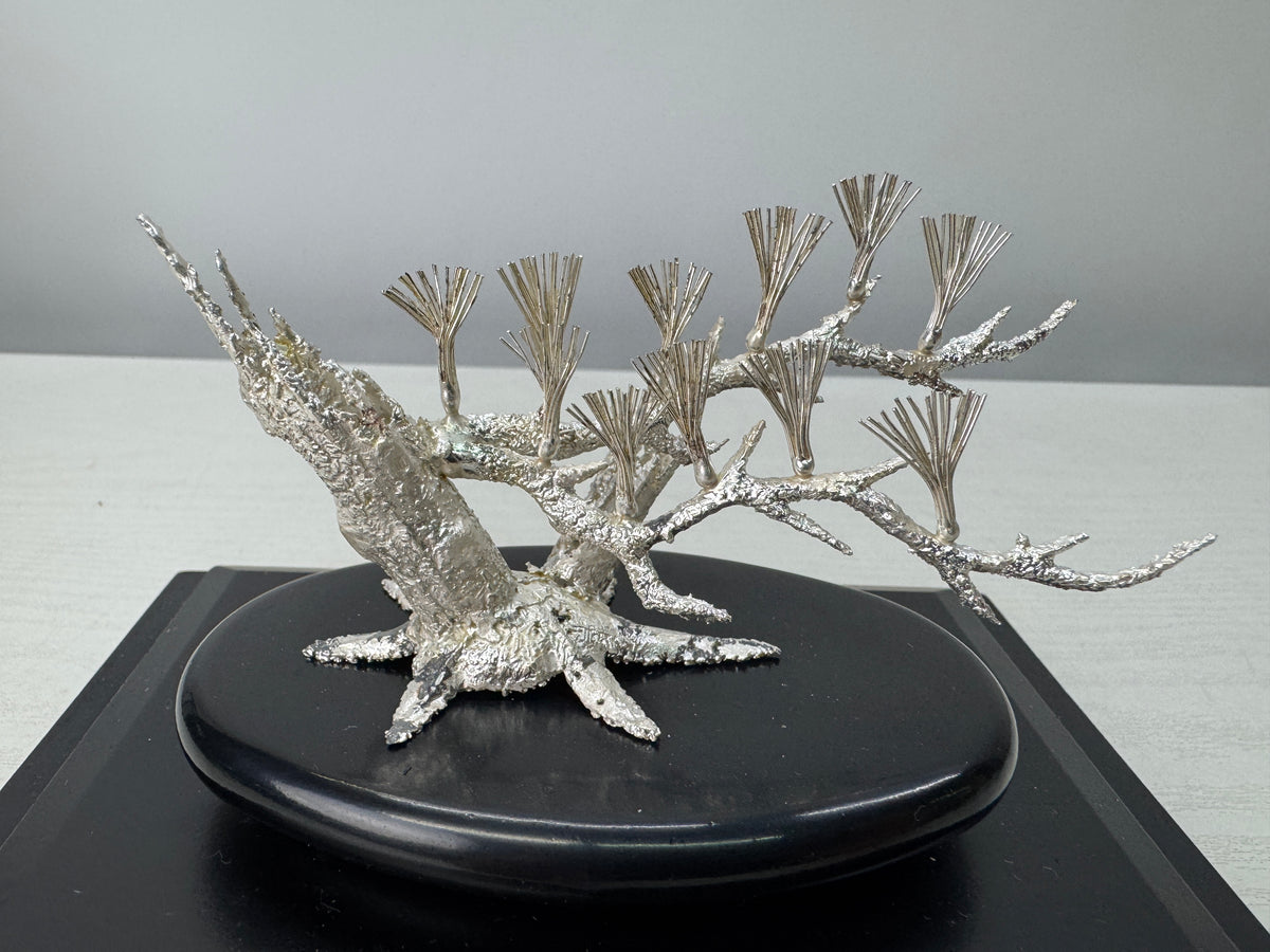 Y10893 OKIMONO Silver Pine tree ornament glass case Japan antique interior decor