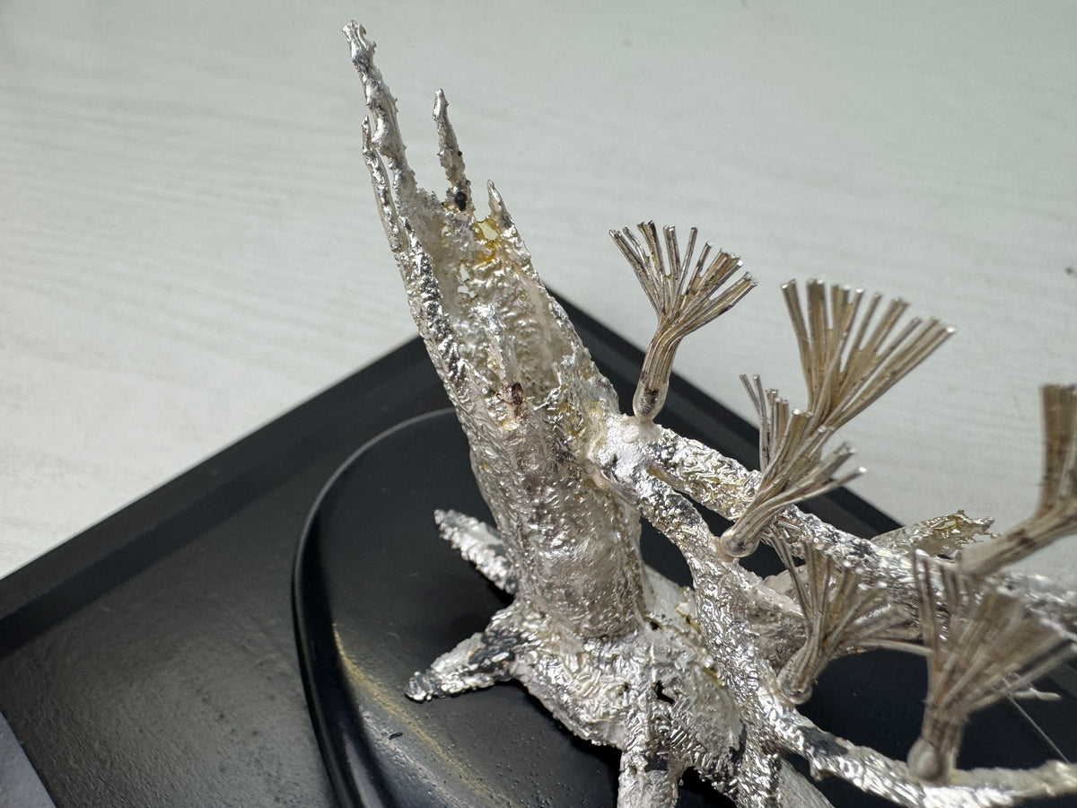 Y10893 OKIMONO Silver Pine tree ornament glass case Japan antique interior decor