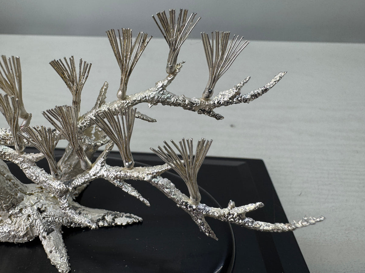 Y10893 OKIMONO Silver Pine tree ornament glass case Japan antique interior decor