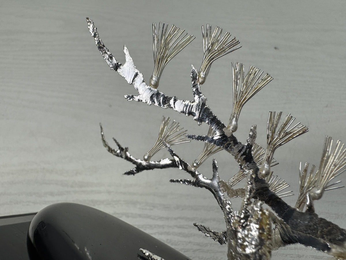 Y10893 OKIMONO Silver Pine tree ornament glass case Japan antique interior decor