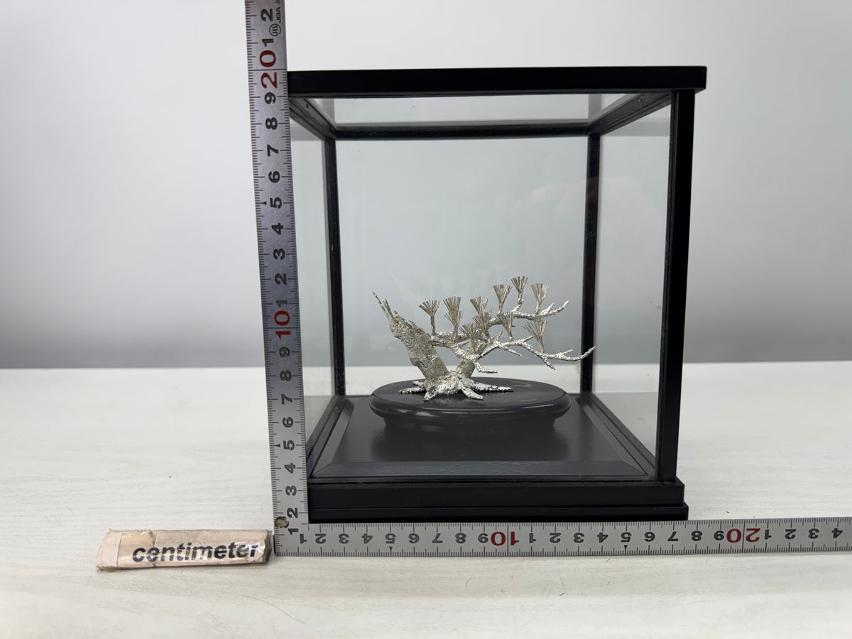 Y10893 OKIMONO Silver Pine tree ornament glass case Japan antique interior decor