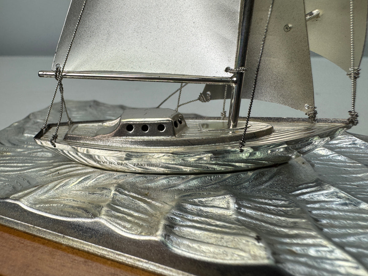 Y10894 OKIMONO Silver Yacht signed glass case Japan antique ornament interior