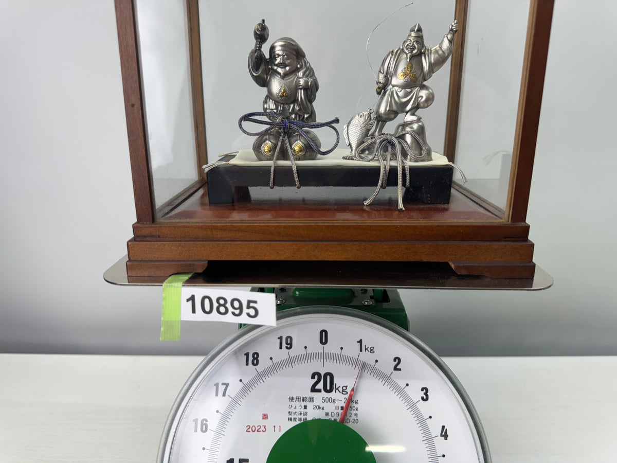 Y10895 STATUE Silver Ebisu Daikoku figurine Lucky Charm glass case Japan antique