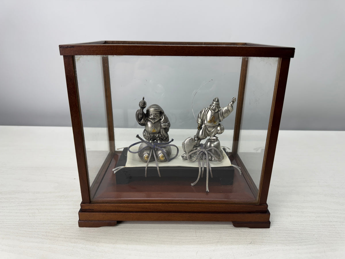 Y10895 STATUE Silver Ebisu Daikoku figurine Lucky Charm glass case Japan antique