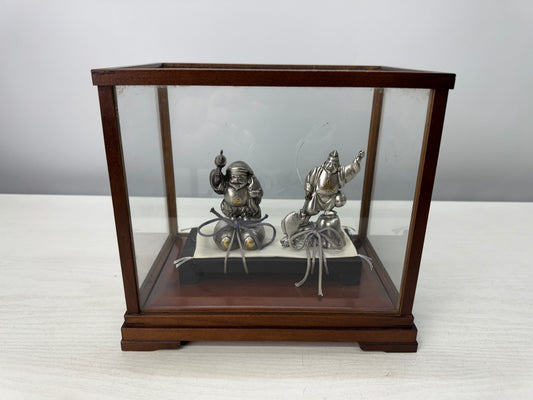 Y10895 STATUE Silver Ebisu Daikoku figurine Lucky Charm glass case Japan antique