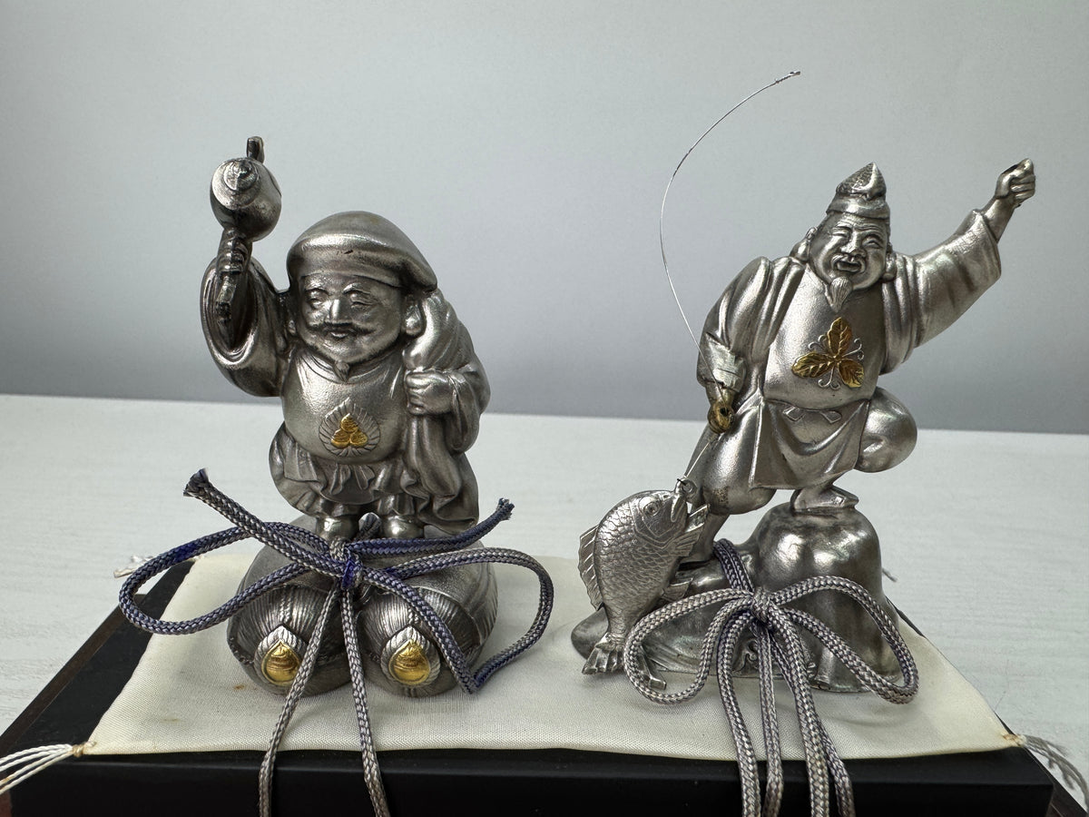 Y10895 STATUE Silver Ebisu Daikoku figurine Lucky Charm glass case Japan antique