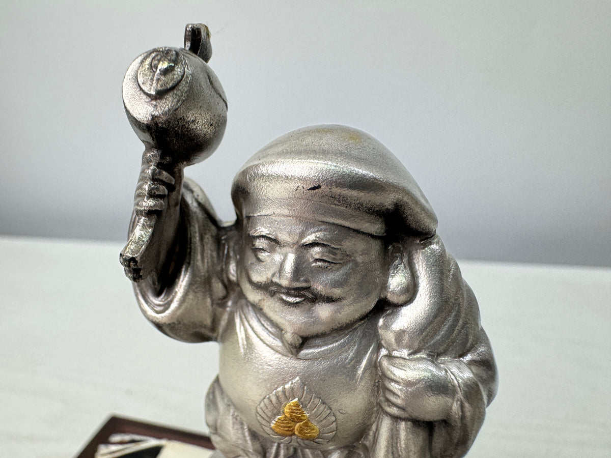 Y10895 STATUE Silver Ebisu Daikoku figurine Lucky Charm glass case Japan antique