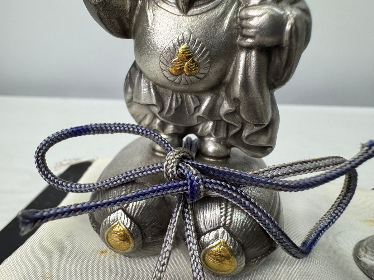 Y10895 STATUE Silver Ebisu Daikoku figurine Lucky Charm glass case Japan antique