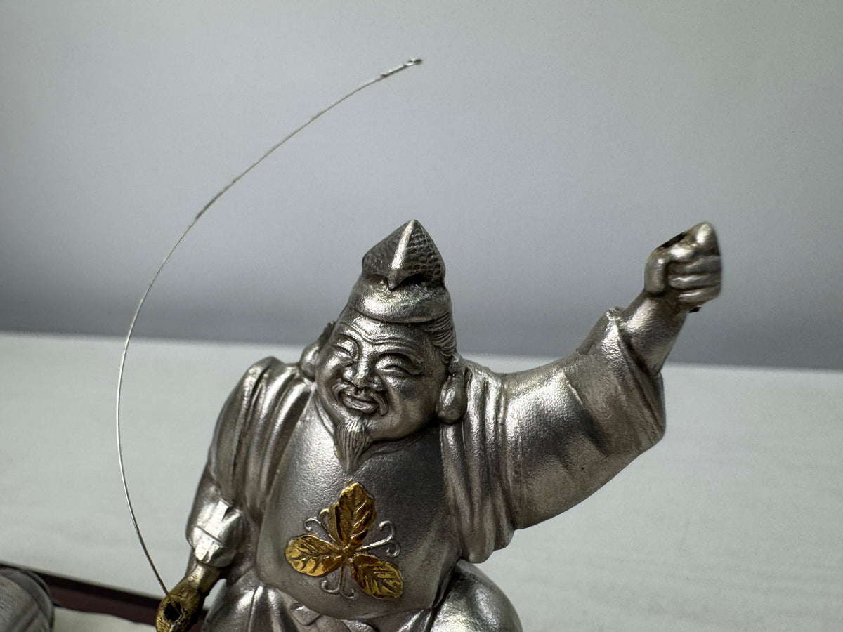 Y10895 STATUE Silver Ebisu Daikoku figurine Lucky Charm glass case Japan antique