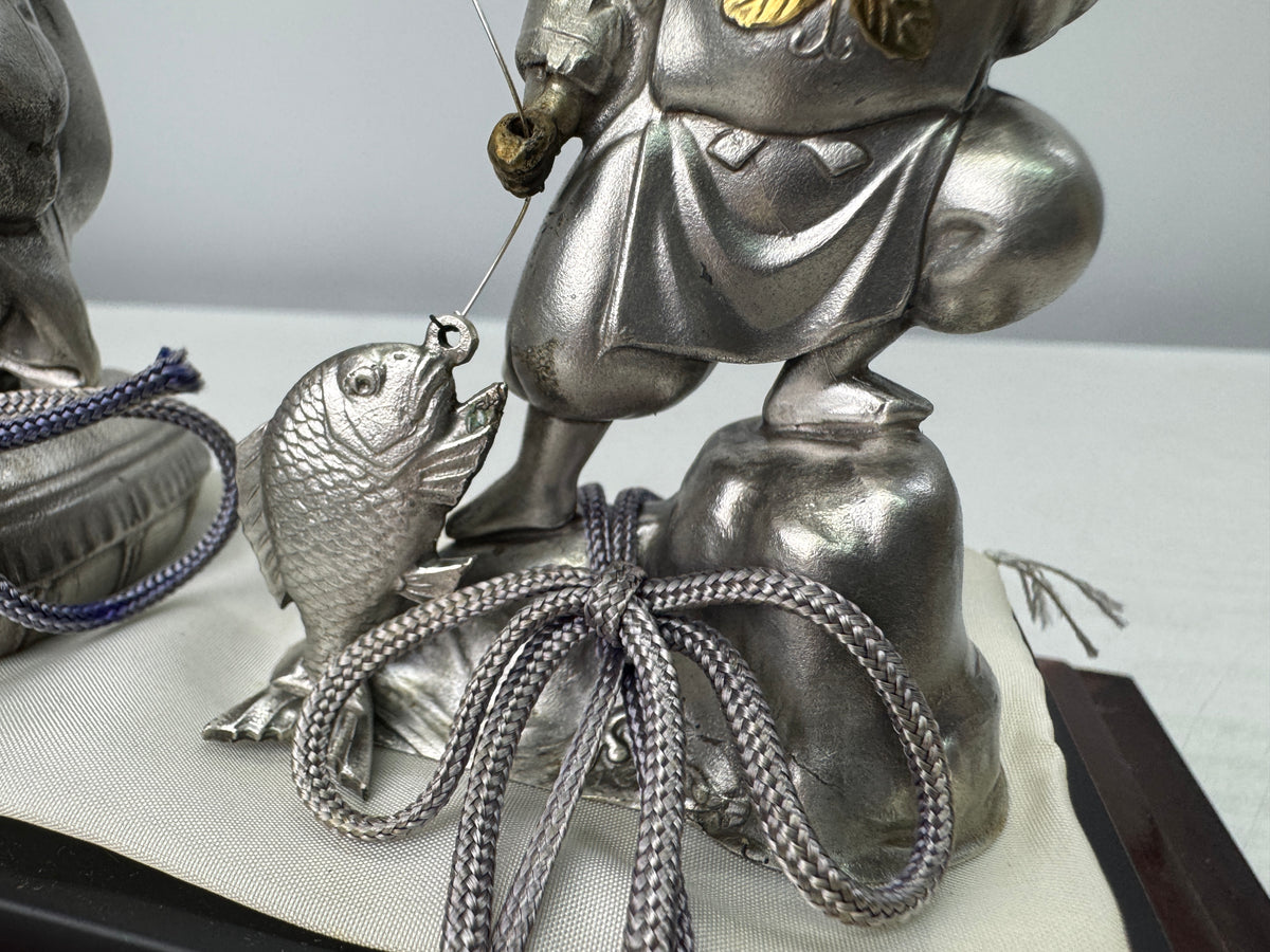 Y10895 STATUE Silver Ebisu Daikoku figurine Lucky Charm glass case Japan antique
