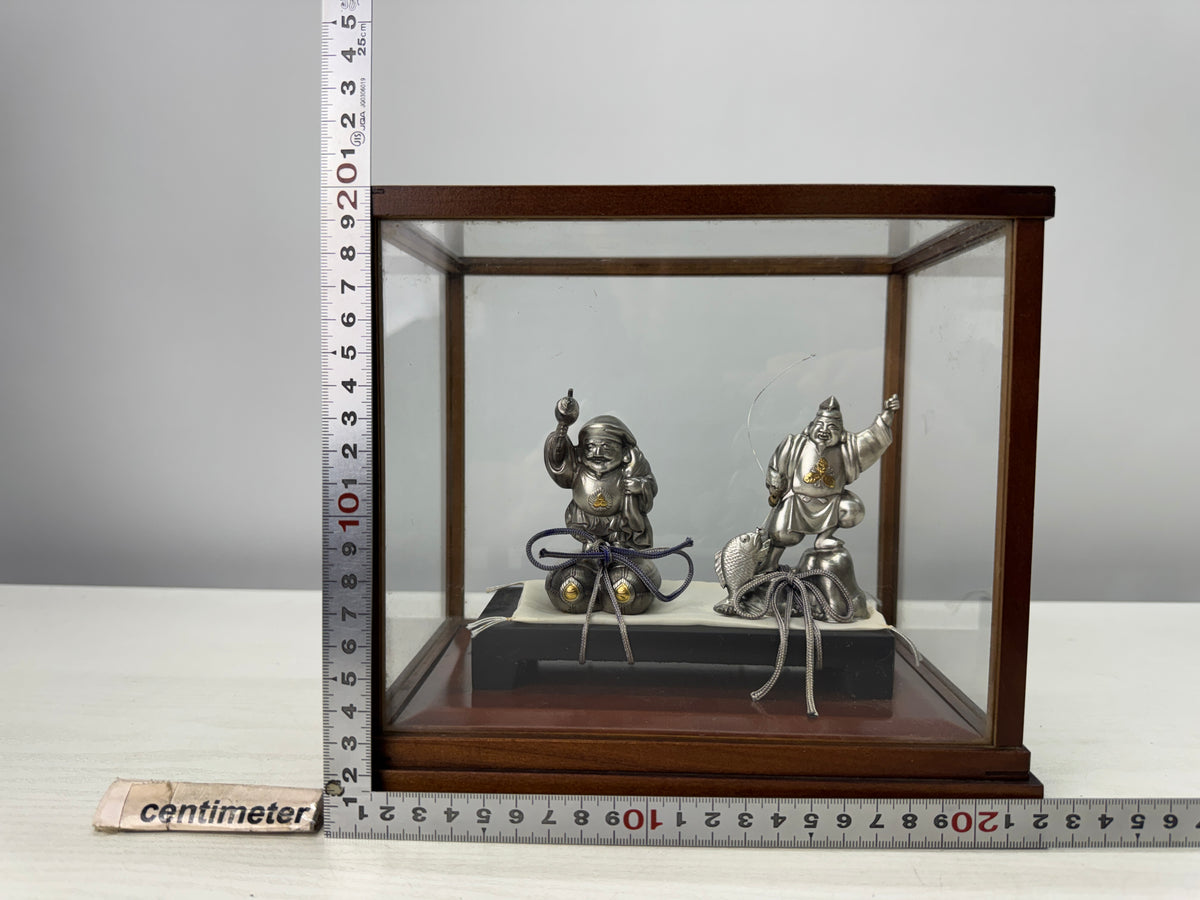 Y10895 STATUE Silver Ebisu Daikoku figurine Lucky Charm glass case Japan antique