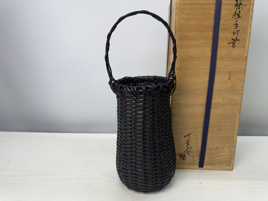 Y10898 FLOWER VASE Rattan woven signed box Japan antique ikebana floral interior