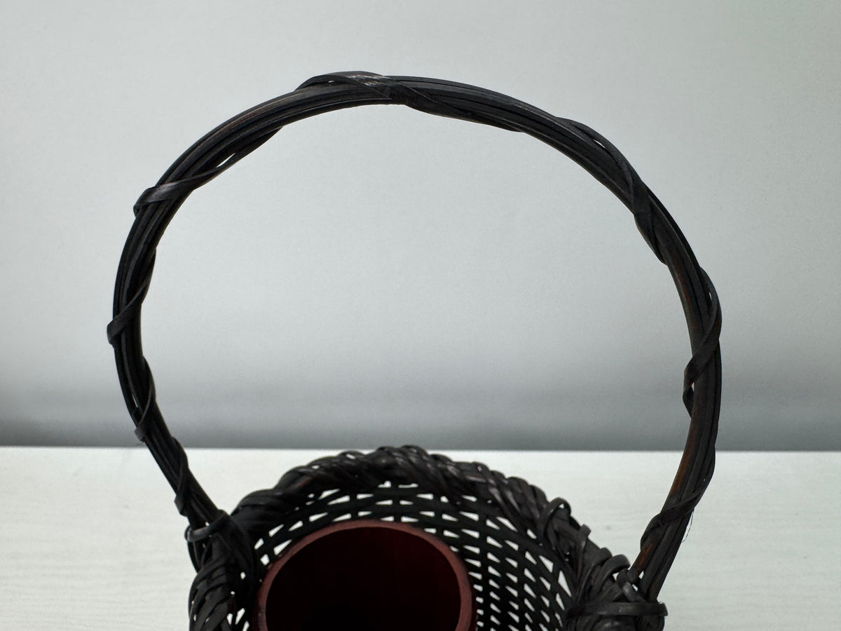 Y10898 FLOWER VASE Rattan woven signed box Japan antique ikebana floral interior