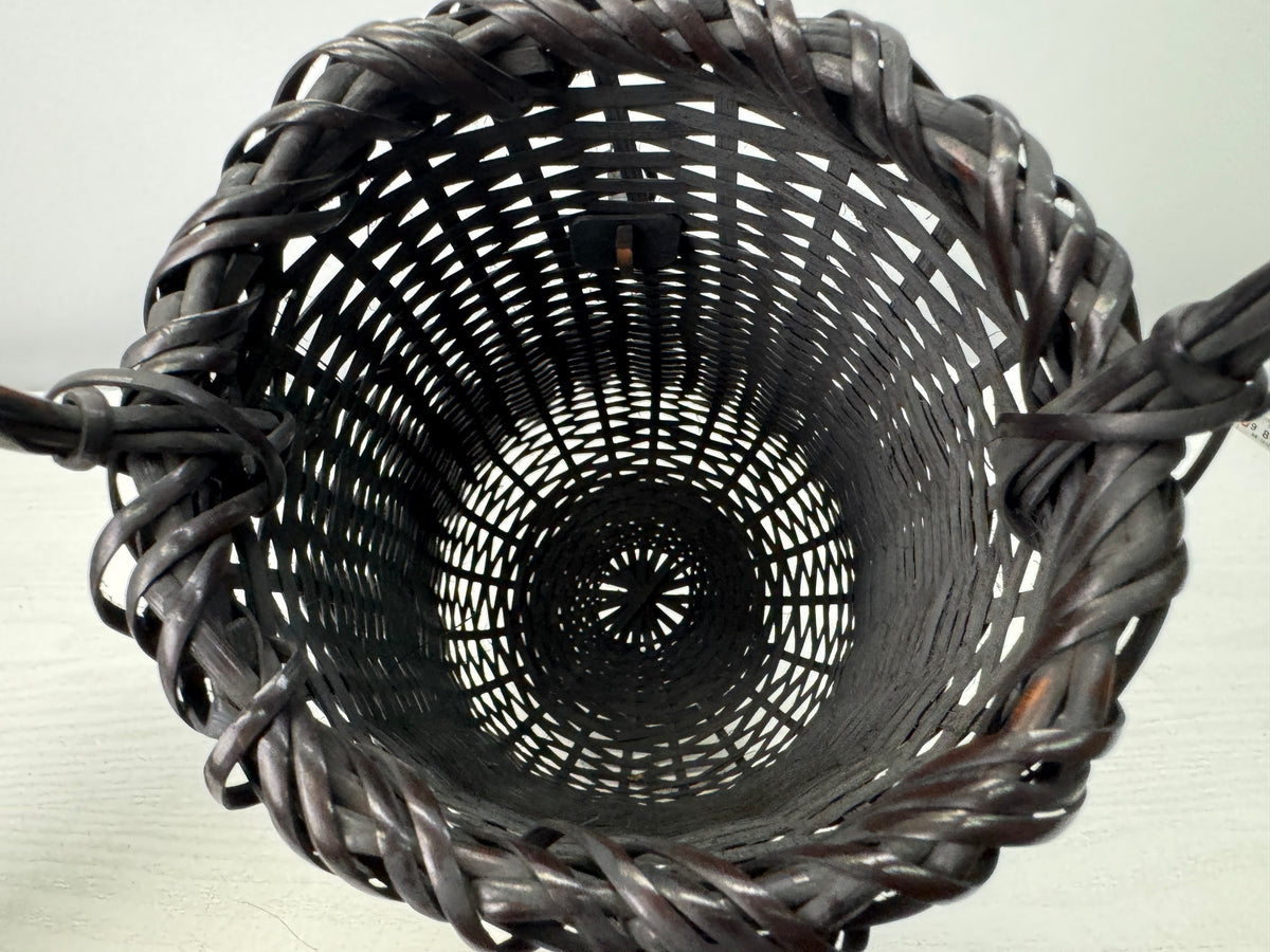 Y10898 FLOWER VASE Rattan woven signed box Japan antique ikebana floral interior