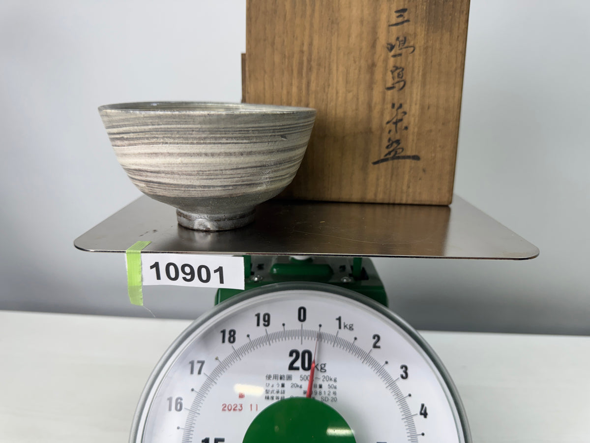 Y10901 CHAWAN Mishima bowl signed box Japan antique tea ceremony pottery cup