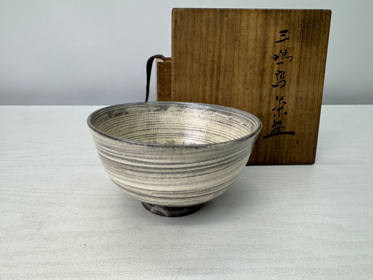 Y10901 CHAWAN Mishima bowl signed box Japan antique tea ceremony pottery cup