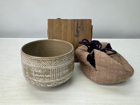 Y10902 CHAWAN Mishima bowl signed box Japan antique tea ceremony pottery cup
