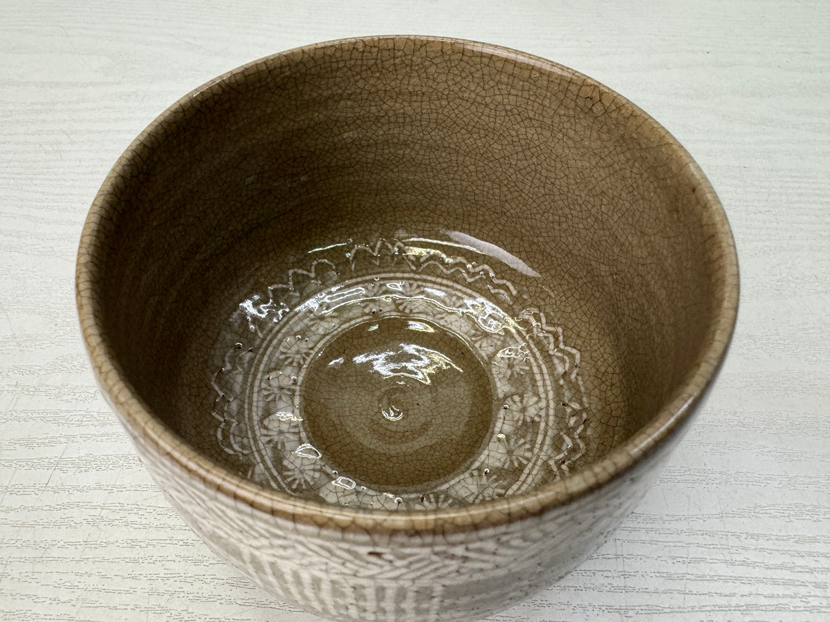 Y10902 CHAWAN Mishima bowl signed box Japan antique tea ceremony pottery cup
