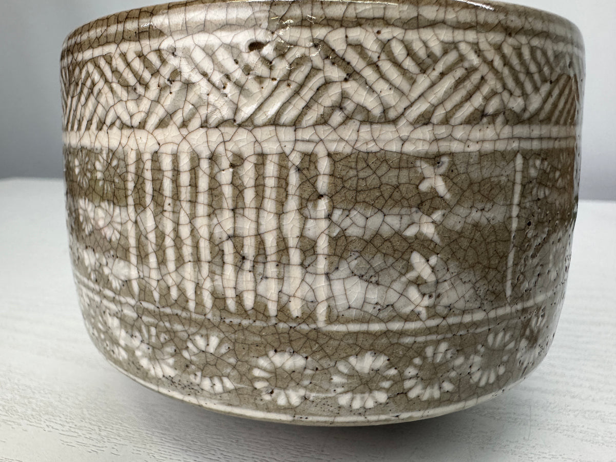 Y10902 CHAWAN Mishima bowl signed box Japan antique tea ceremony pottery cup