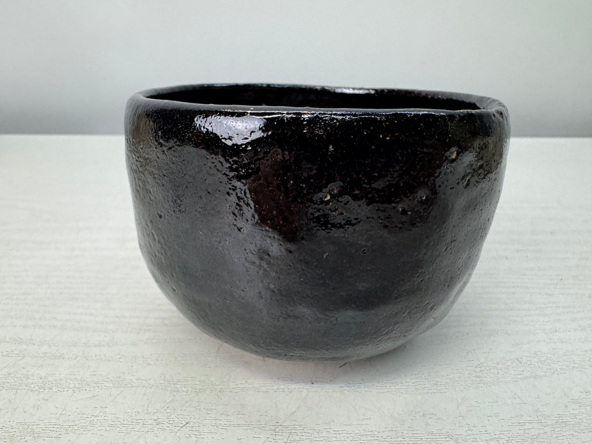 Y10905 CHAWAN Raku-ware black bowl signed box Japan antique tea ceremony pottery