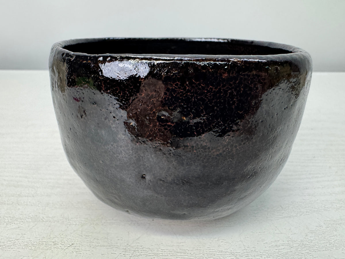 Y10905 CHAWAN Raku-ware black bowl signed box Japan antique tea ceremony pottery