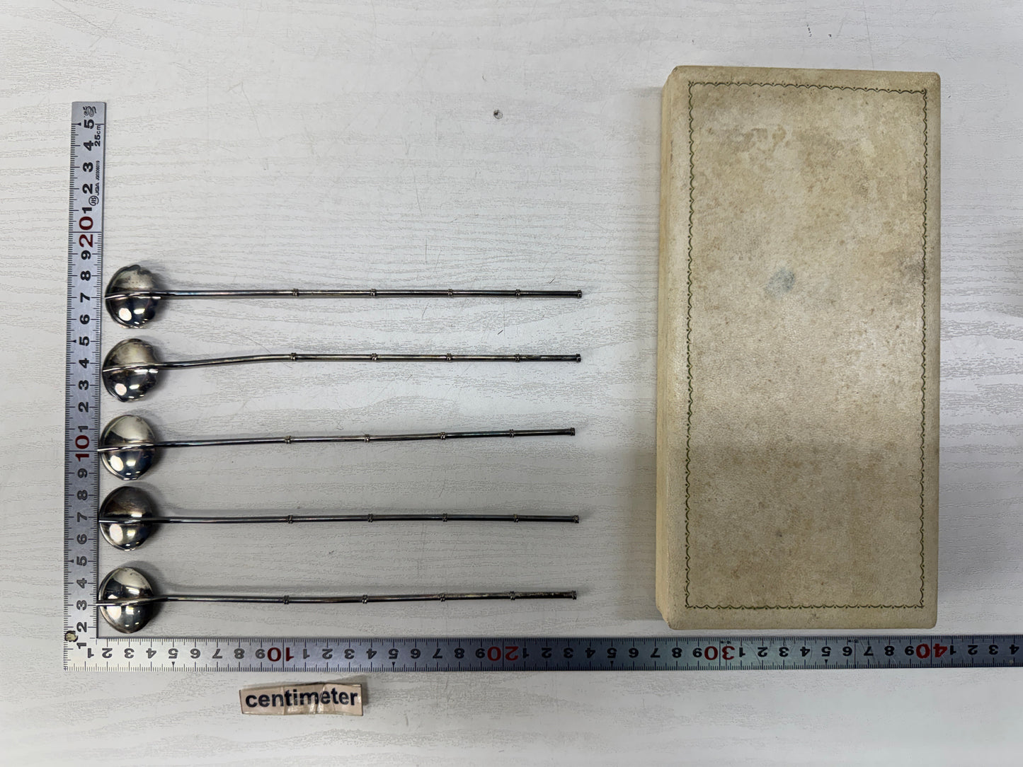 Y10909 CUTLERY silver straw spoon set of 5 signed box Japan antique vintage food
