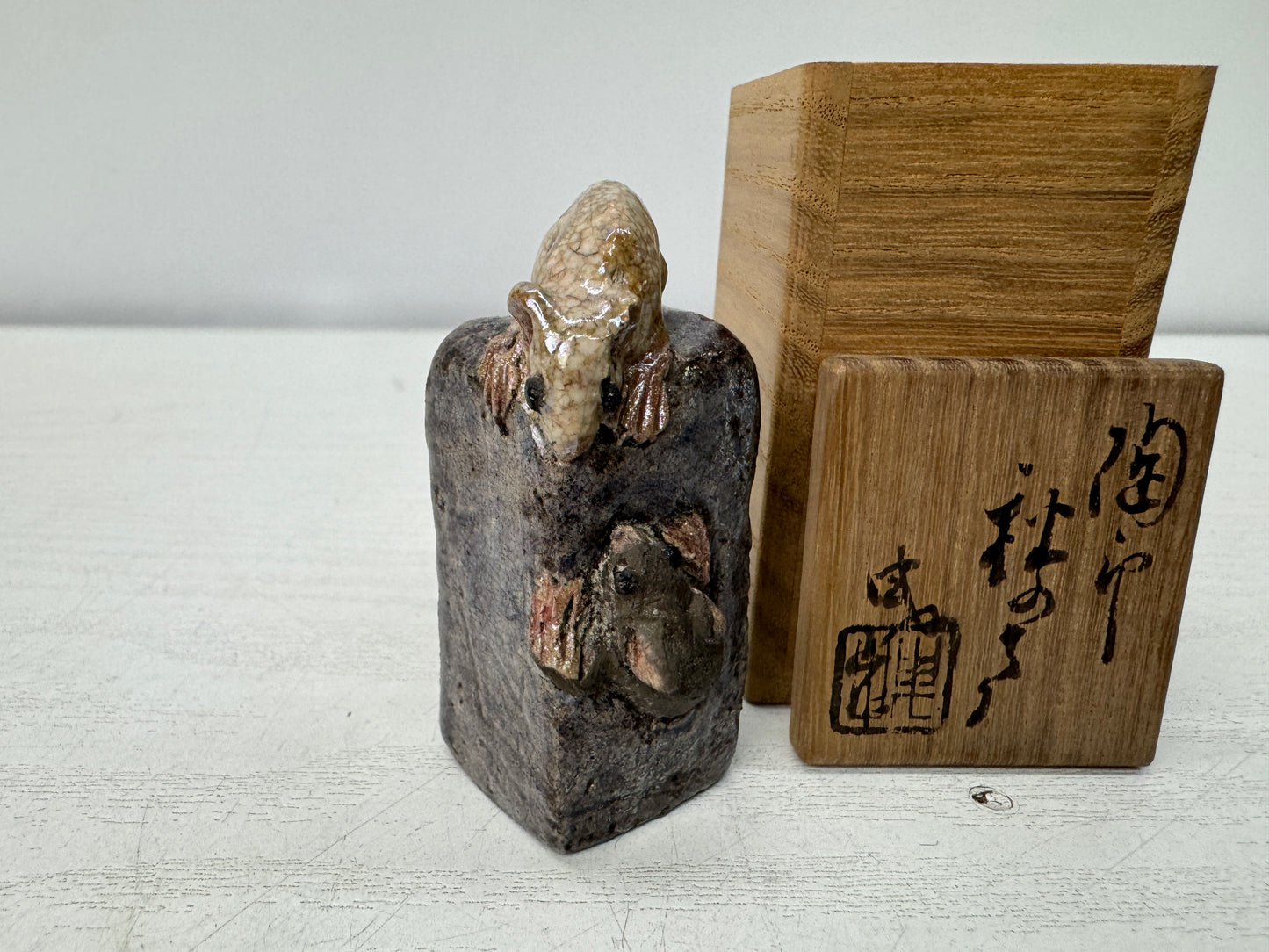 Y10911 STAMP MATERIAL ceramic Mouse signed box Japan antique hanko inkan seal